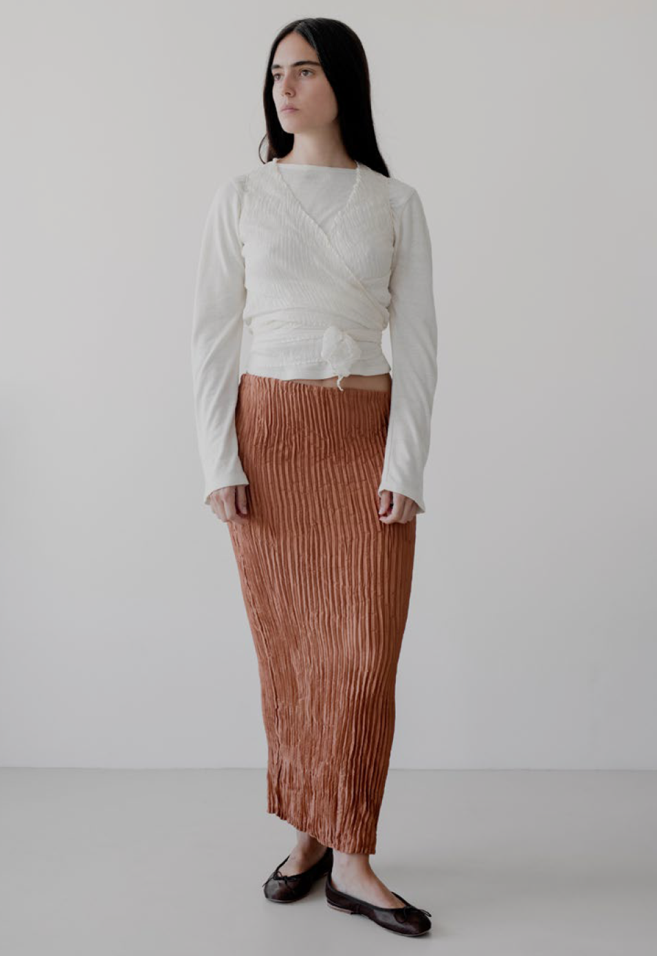 Azur - Plisse Satin Silk Long Skirt